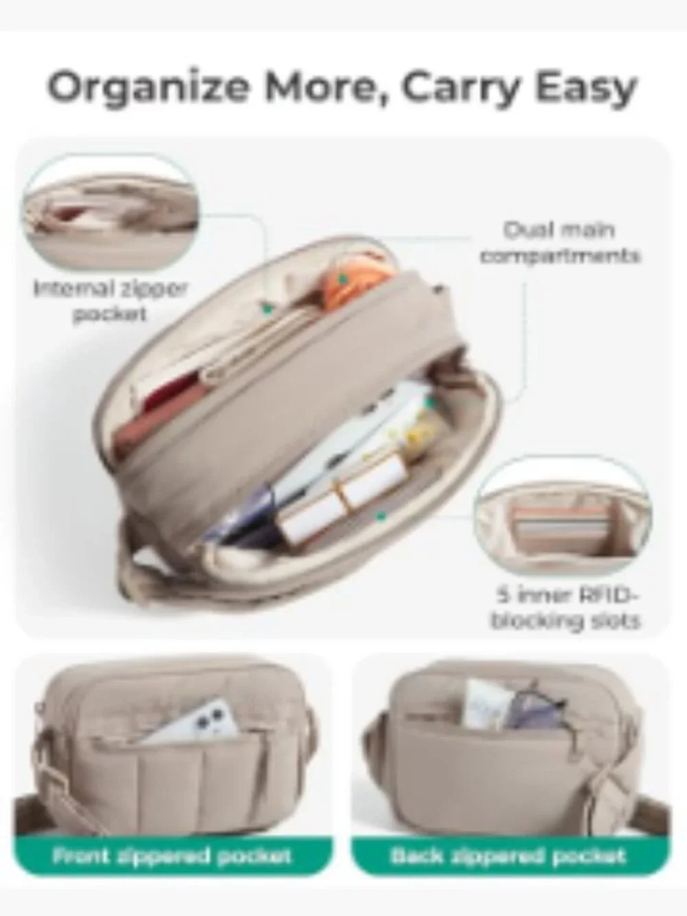 Quilted Puffy Nylon Crossbody Bag with RFID Blocking, Adjustable Strap, Travel